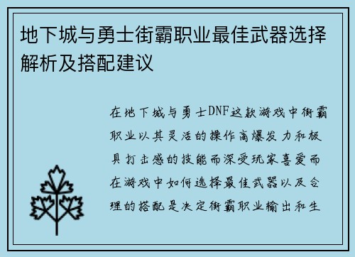 地下城与勇士街霸职业最佳武器选择解析及搭配建议